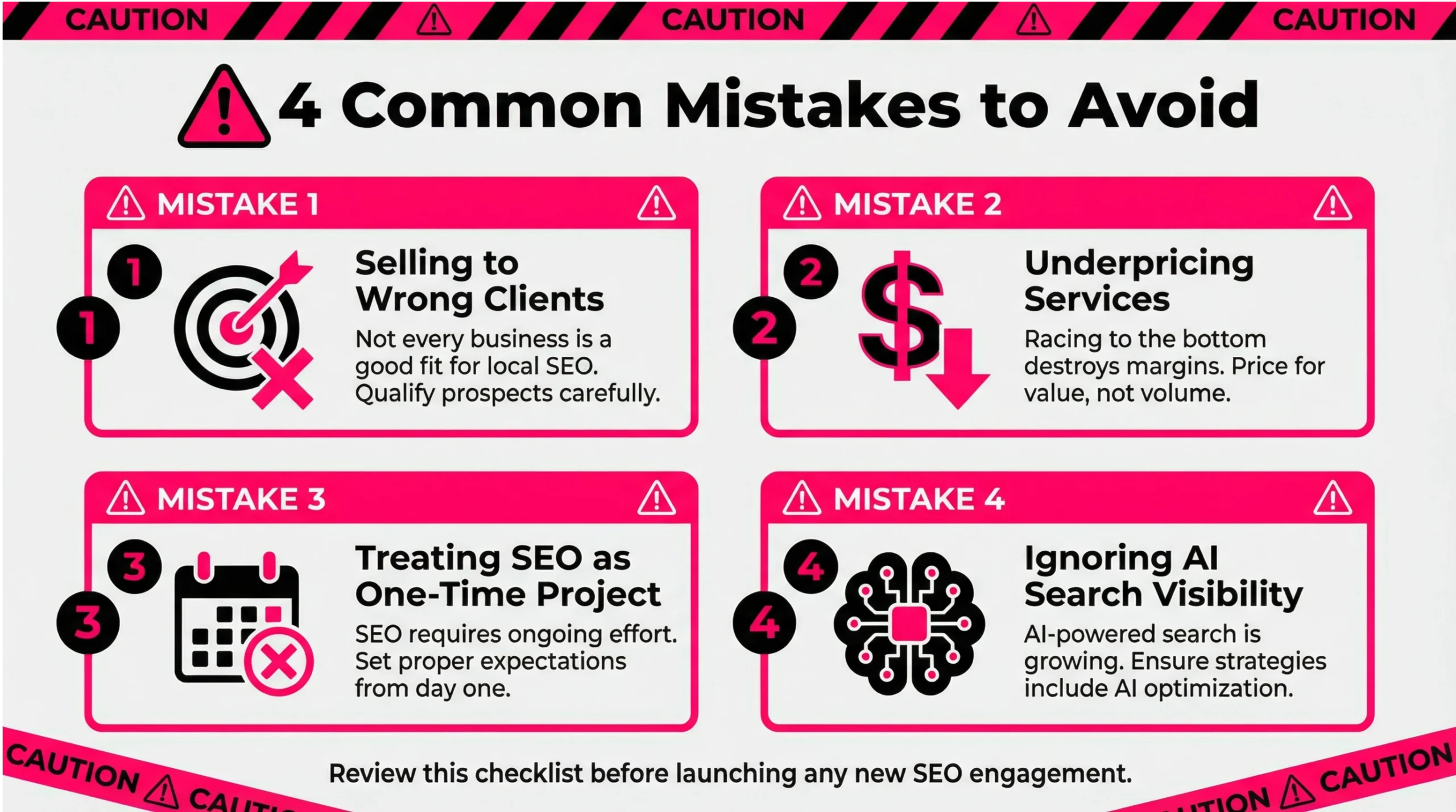 Checklist of common white label local SEO mistakes web design agencies should avoid including underpricing and ignoring AI search visibility